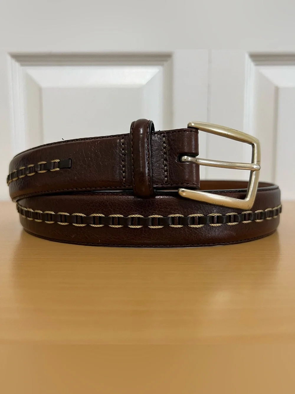 Brighton Men's Brown Leather Belt White Stitching Detail Silver Buckle Size 36